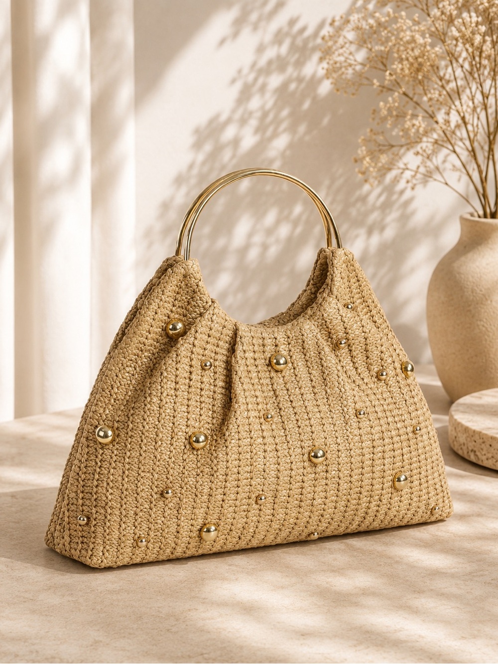 Elegant Woven Gold Stud Shoulder Bag | SMB001 - Picture 2 of 4
